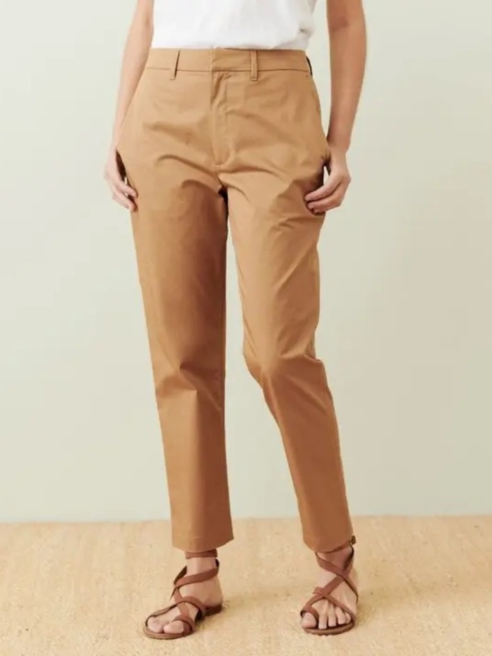 Jenni Kayne Twill Trouser Tan Straight Leg Cotton Ankle Pants Mid Rise Size 10